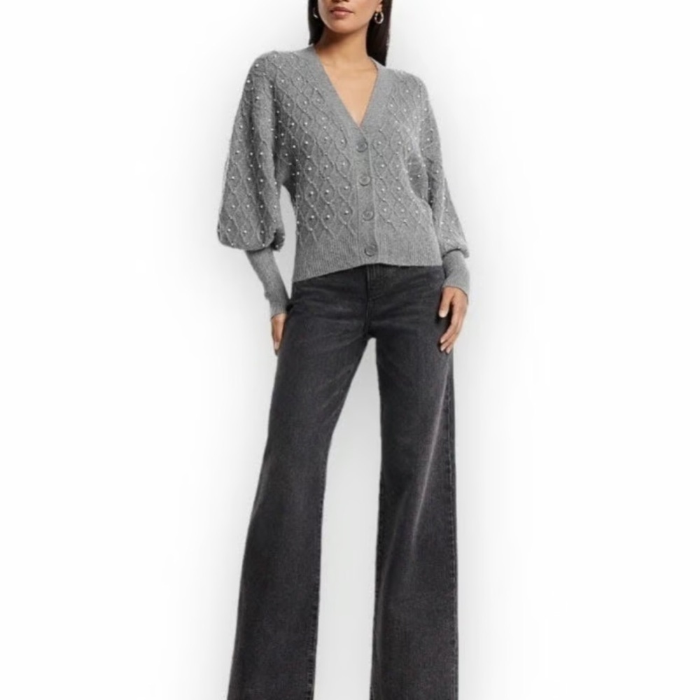 Express Embellished V-Neck Balloon Sleeve Cardigan in Grey Size XS